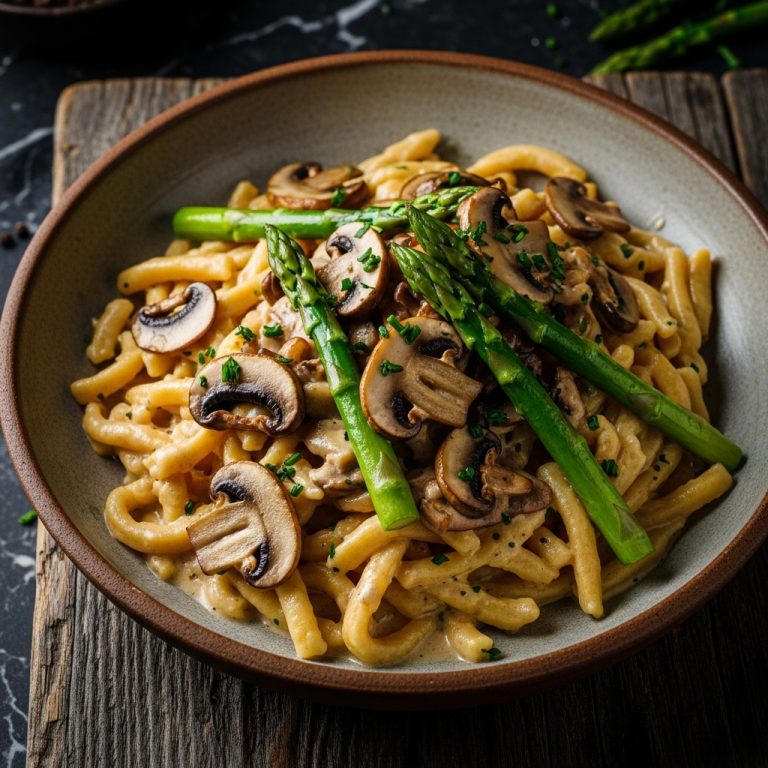Mouthwatering German Vegetarian Lunch: Creamy Spätzle with Sauteed Mushrooms & Asparagus
